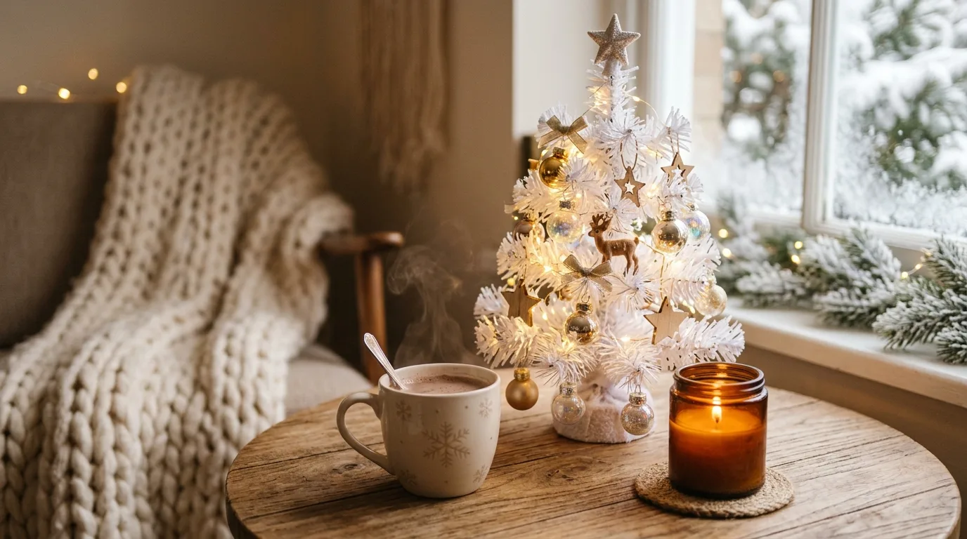 Small tabletop white Christmas tree with candles and fairy lights.